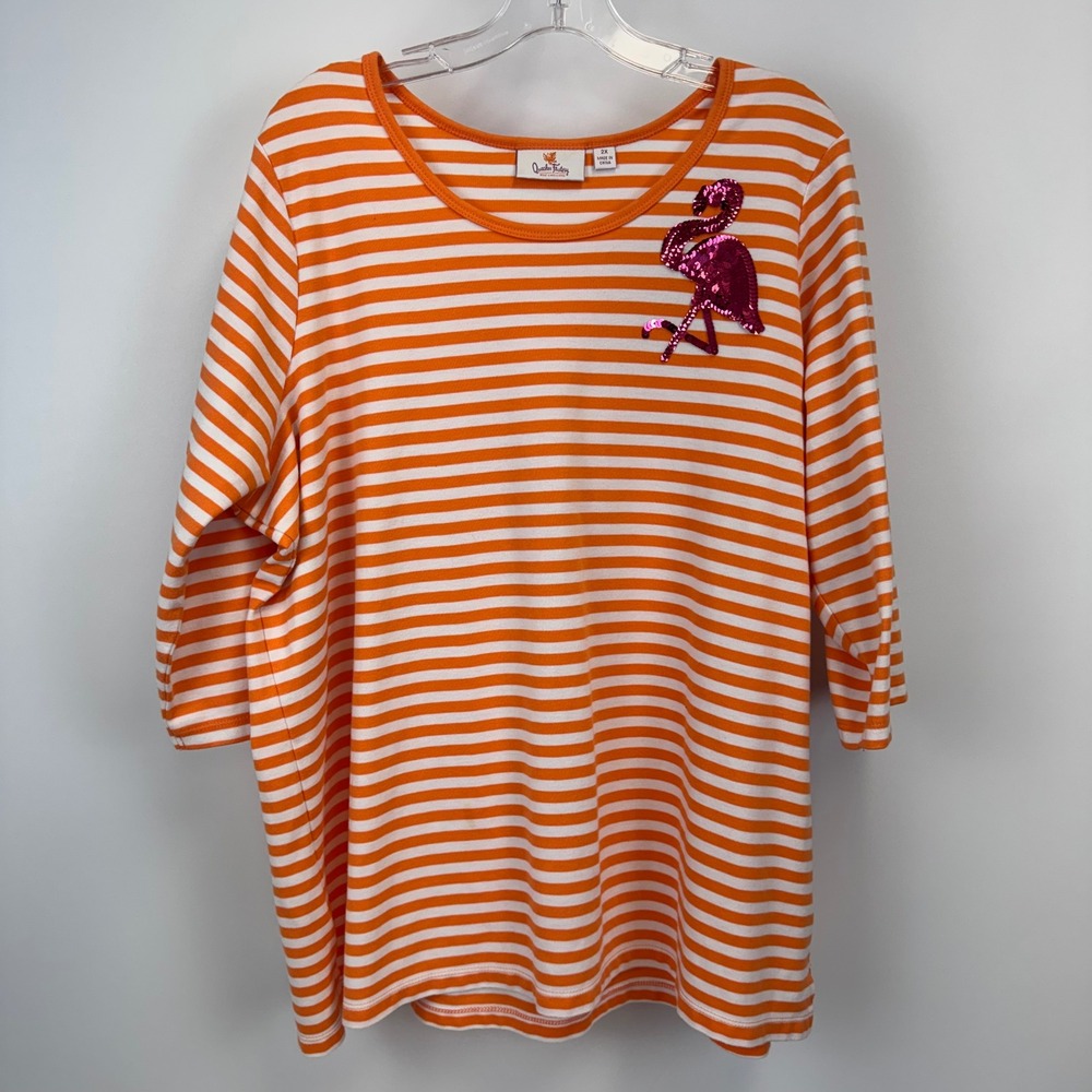 Quacker Factory Orange White Striped Sequin Flamingo Top 2X 3/4 Sleeve Summer